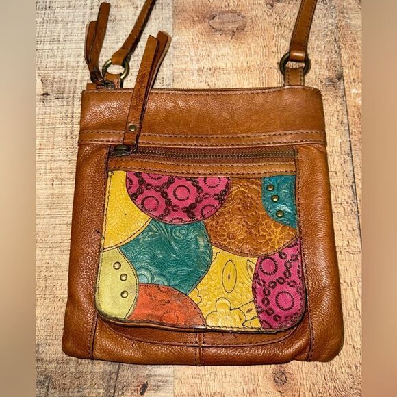 Fossil Crossbody Handbag Patchwork Studded Flower Pebbled Leather Purse Brown - Picture 2 of 11